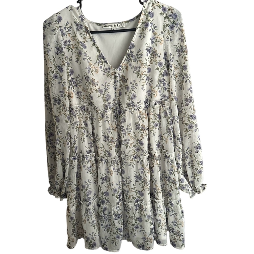 Allison & Kelly Floral Print Long Sleeve Ruffle Trim Dress, Size M.